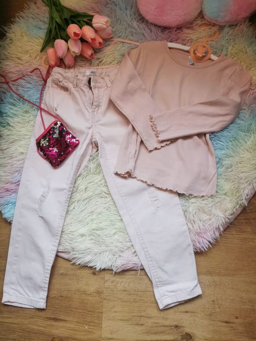 Komplet pudrowy róż :) spodnie przetarcia +bluzka 110