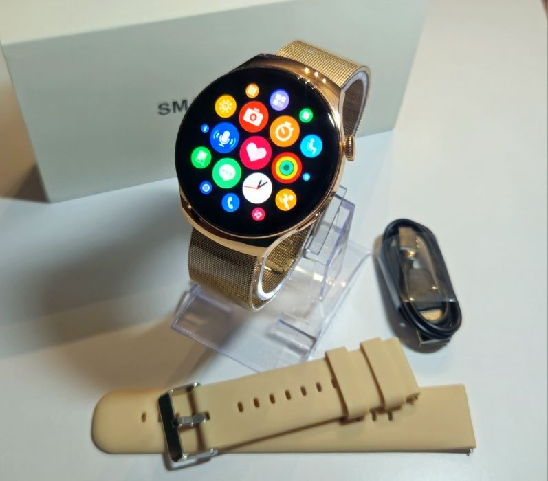 Nowy Elegancki Smartwatch Złoty Zegarek Damski Bransoletka RozmowyPuls