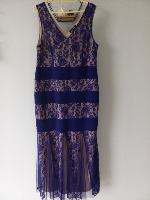 Granatowo beżowa sukienka Boho imprezowa 42/44