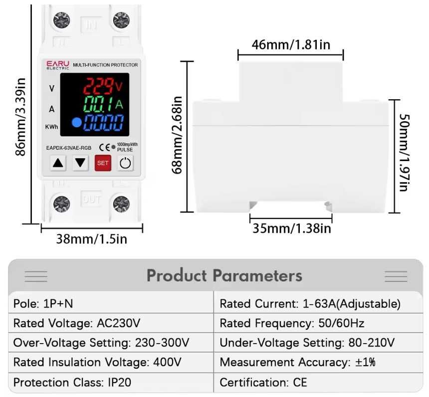 реле защиты по току и напряжению EARU 63A 230V