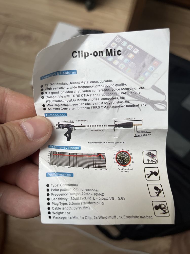 Mikrofon typu lavalier, jack 3.5mm