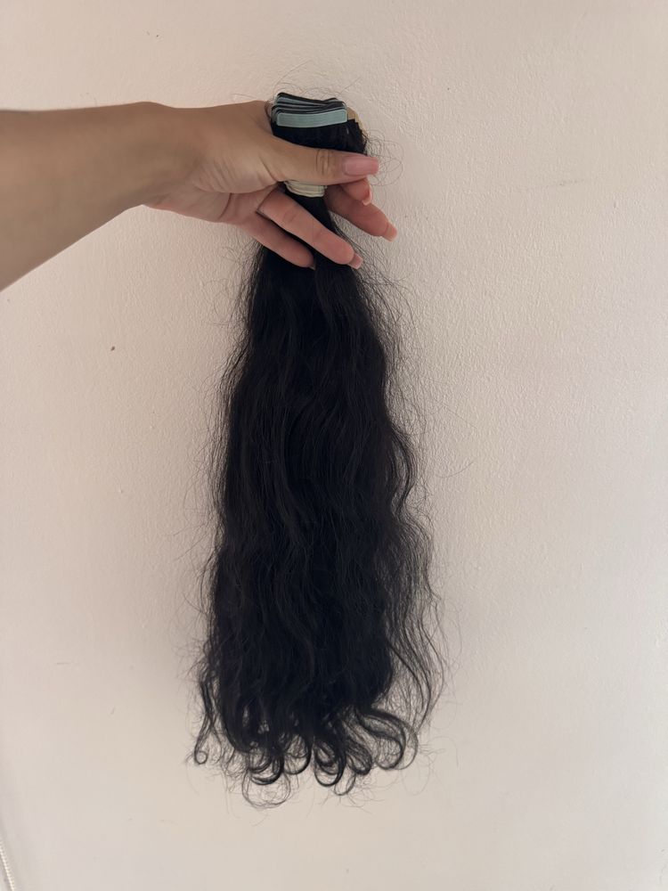 Dziewicze wlosy tape on - 55cm, 37g - krecone, cony braz/czarny