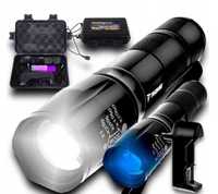 Latarka Taktyczna 2w1 LED + UV Zoom Wojskowa Akumulatorowa z Ładowarką