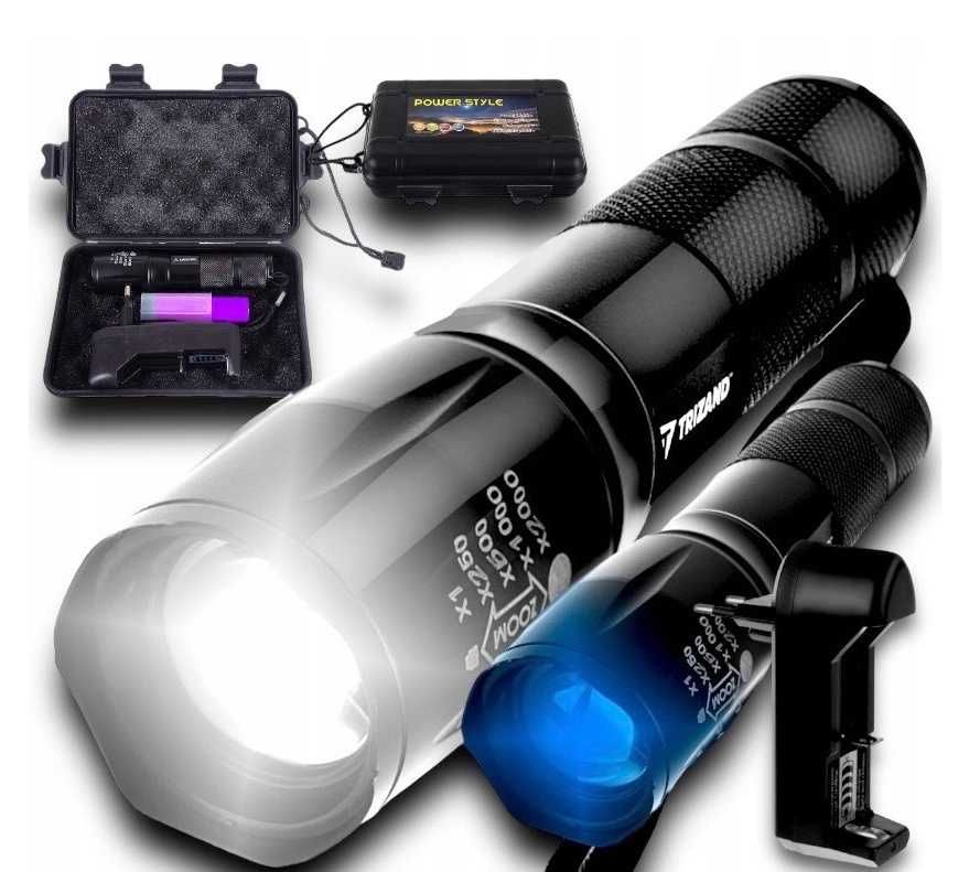 Latarka Taktyczna 2w1 LED + UV Zoom Wojskowa Akumulatorowa z Ładowarką