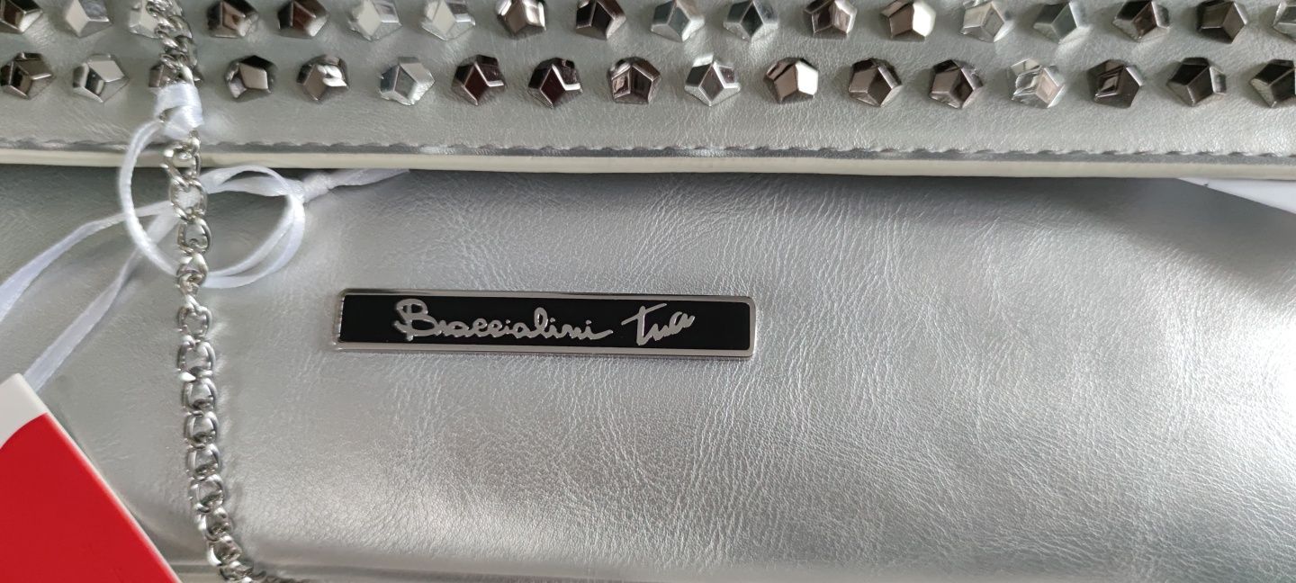 Nowa śliczna WŁOSKA torebka BRACCIALINI srebrna z cekinami + GRATIS !!