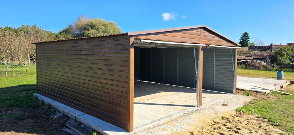 Garaż blaszany 6x5,8 drewnopodobny dwustanowiskowy dach dwuspadowy