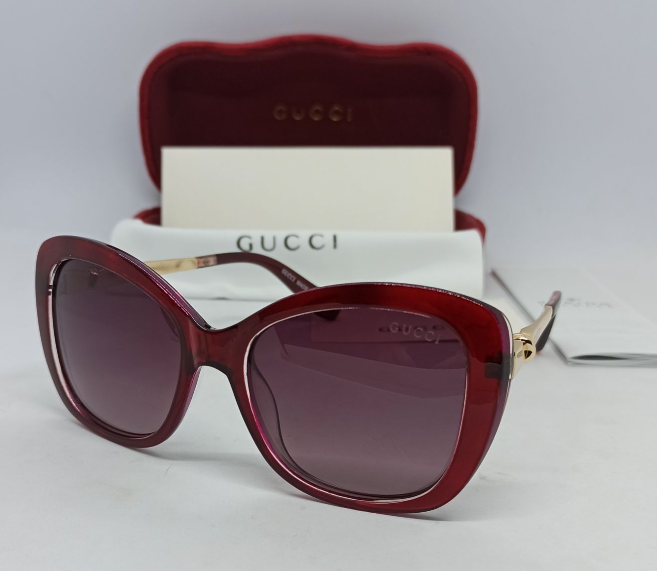 Gucci очки женские бордовые с золотыми дужками линзы поляризованные