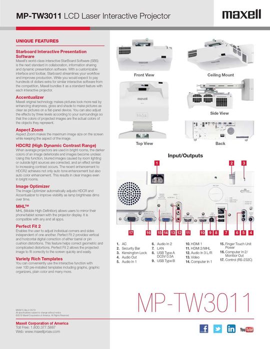 Лазерно-світодіодний ультракороткофокусний проектор Maxell MP-TW3011