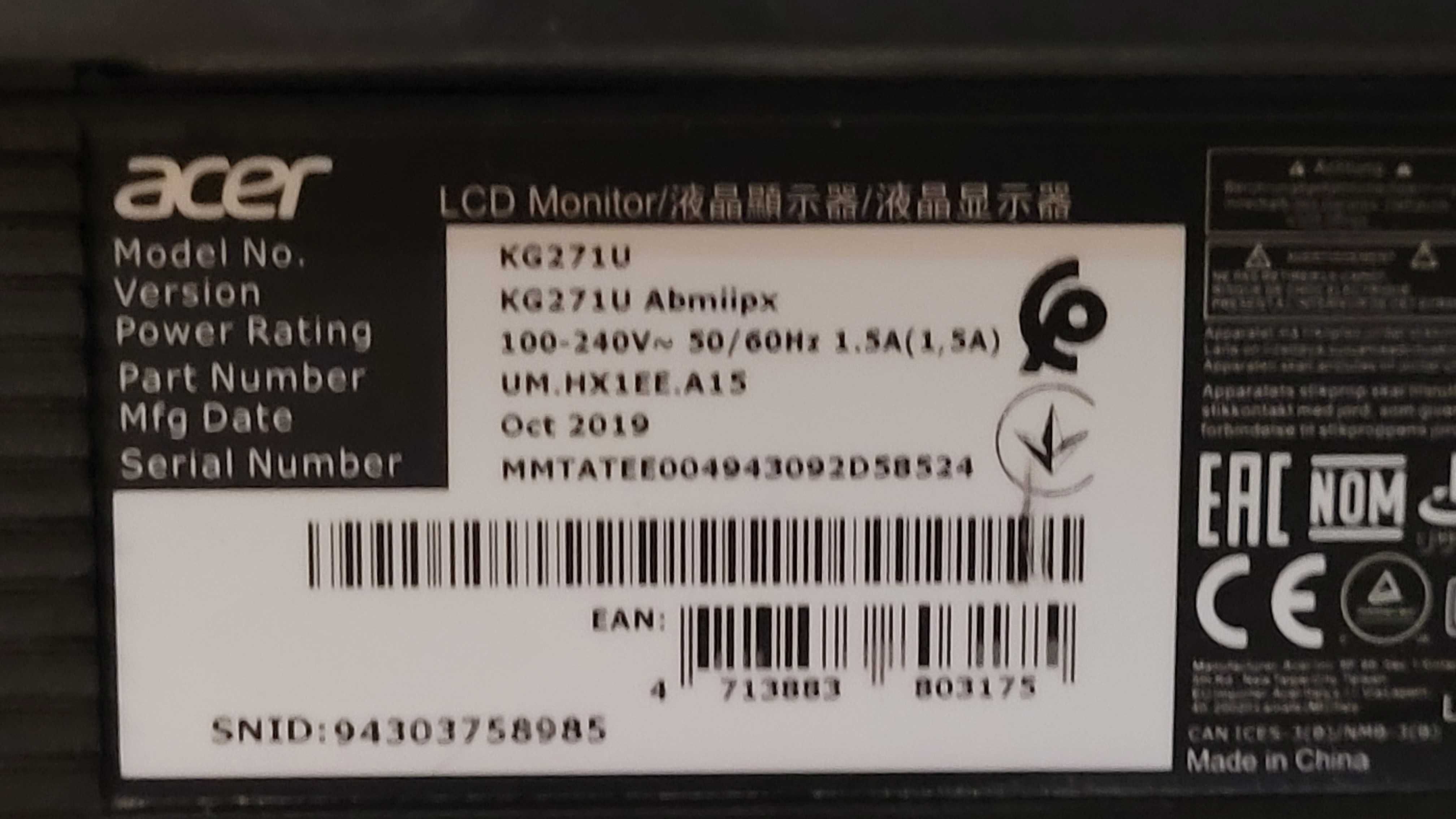 Używany monitor Acer KG271U 27" Gamingowy