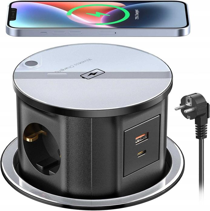 Wpuszczane gniazdo Ohuo 3x230V + USB-C 20W + ładowarka Qi 15W, pop-up