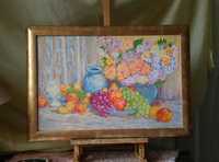 Kwiaty i owoce, obraz olejny na płótnie, 67x47 mal. Krystyna Kamieniak
