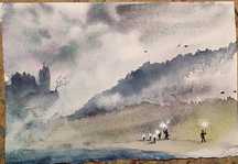 Akwarela obrazek, mroczna abstrakcja  25x17cm