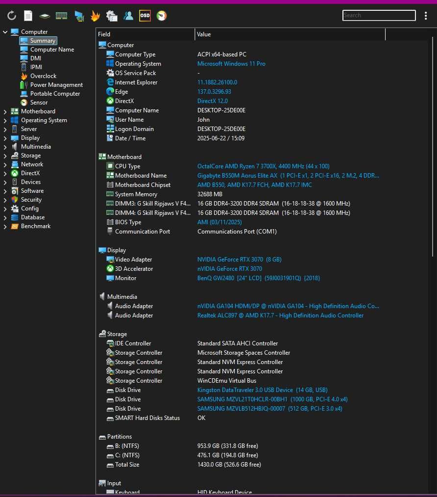 PC Gaming Aorus B550M Ryzen 3700X RTX 3070 8GB 32GB RAM PM981 512GB