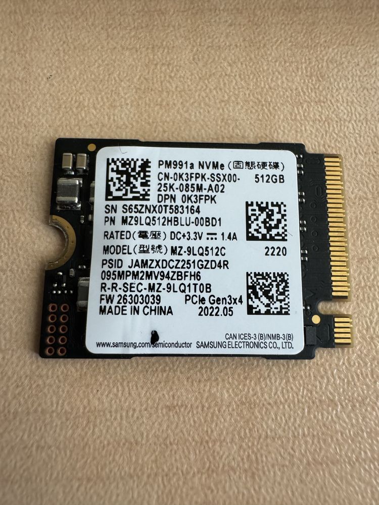 SSD Samsung PM991a 512Gb M.2 2230 PCIE Gen3 x4 NVMe (MZ-9LQ512C)