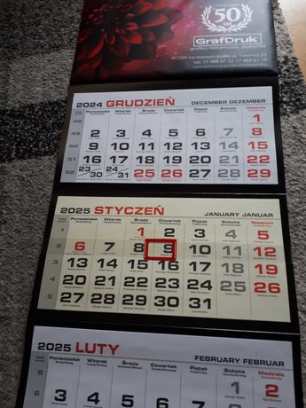 Kalendarz wiszący trójdzielny