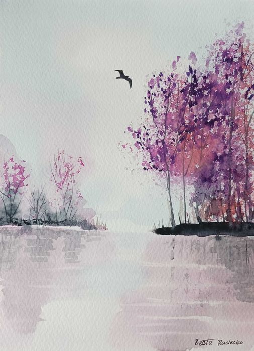 Akwarela Akwarelka Obraz pt. Nad Wodą 18 x 24 cm