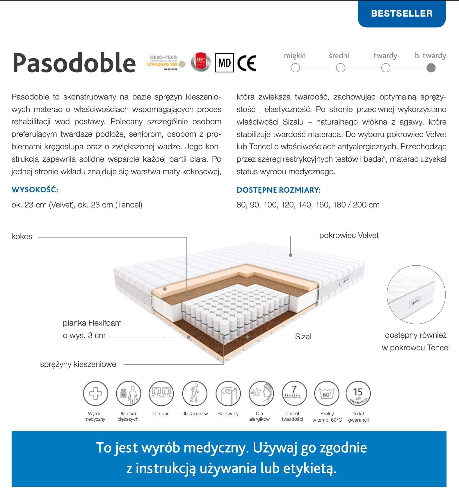 Materac PASODOBLE HILDING kieszeniowy Tencel 160x200 wyrób medyczny