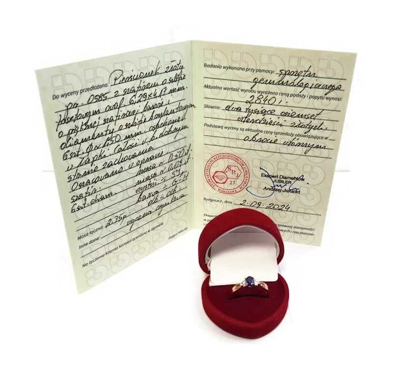 Złoty Pierścionek 585 2,75g z Szafirem i Diamentami Certyfikat!!!