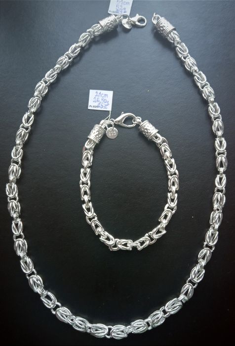 925 Posrebrzany Nowy Masywny Zestaw Komplet Splot Królewski 6mm