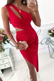 Czerwona ołówkowa sukienka z wycięciami i rozporkiem