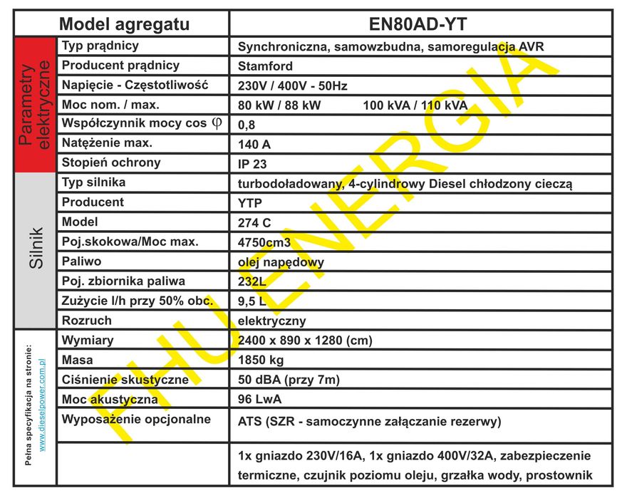 Agregat prądotwórczy 80kW / 88kW 110kVA, AVR, SZR, ATS, nowy
