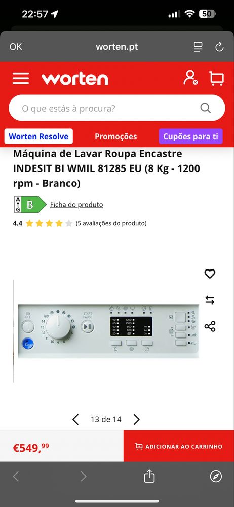 Máquina de Lavar Roupa Encastre Indesit 8kg