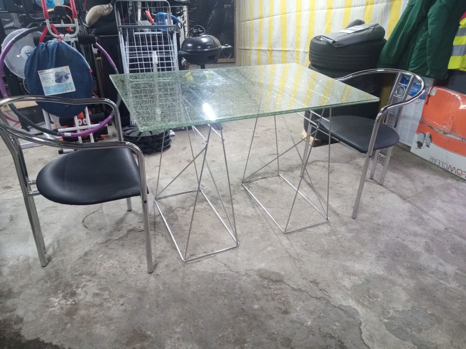 Nowoczesny stół + 2 krzesła blat szklany z efektem popękanego szkła