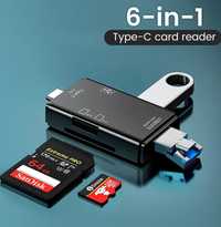 Картридер OTG 6 in 1 трансформер, TF, MicroSD, MicroUSB, USB, USB-Flas
