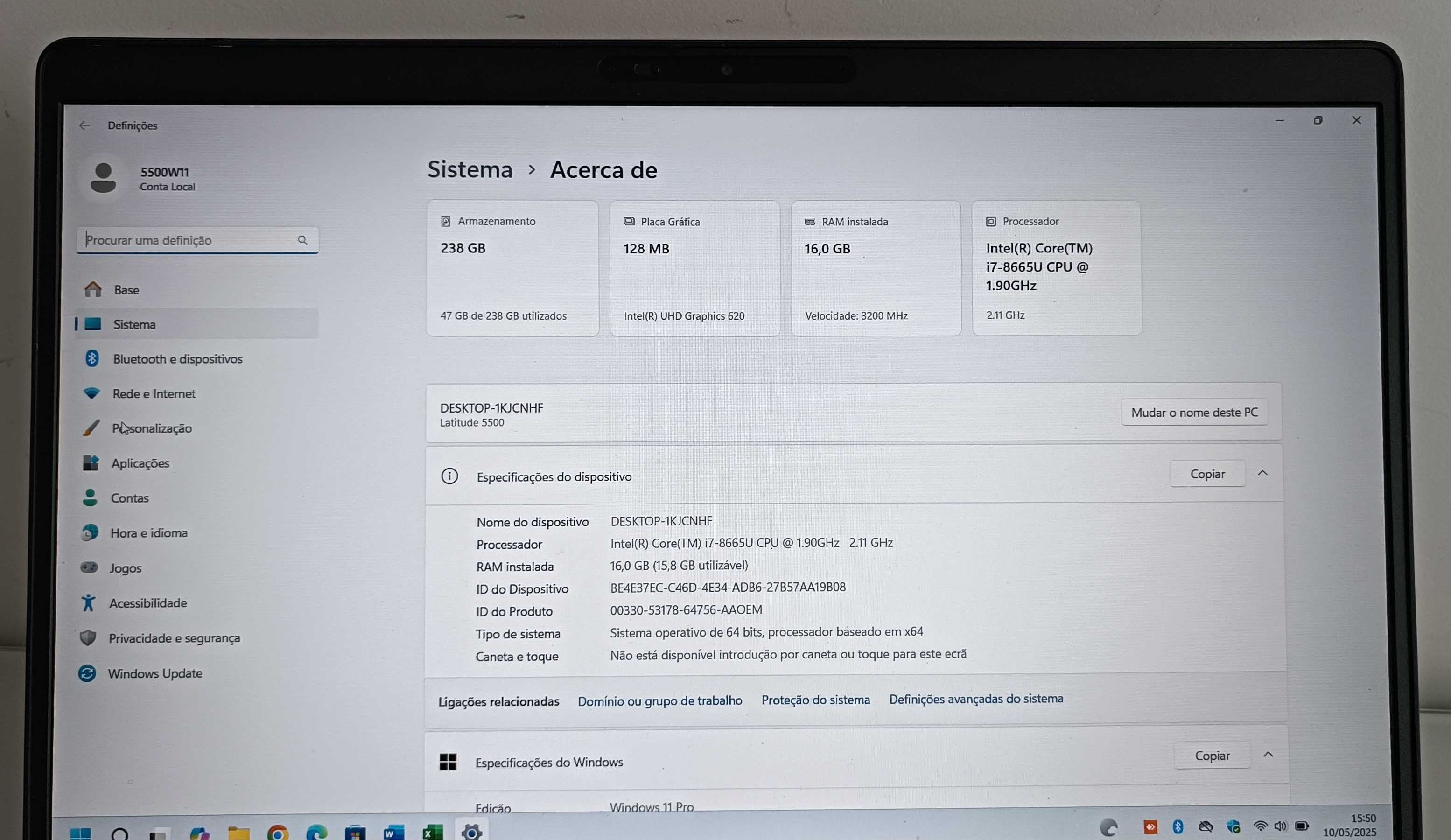 Dell Latitude 5500/Ecrã 15.6/i7 8ªger/16GB RAM/SSD NVME/Thunderbolt