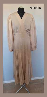 Beżowa elegancka sukienka maxi plisowana na komunie wesele M 38 Shein