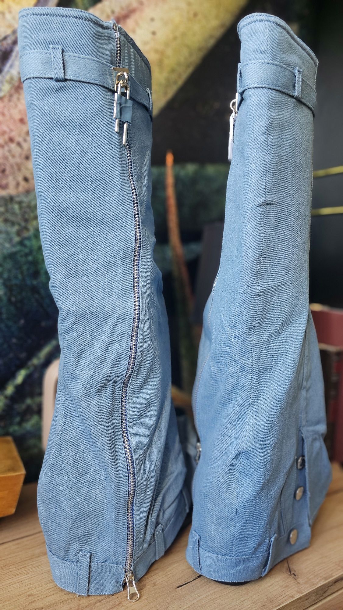 Cudowne nowe kozaki Jeansowe jeans na koturnie petarda 39