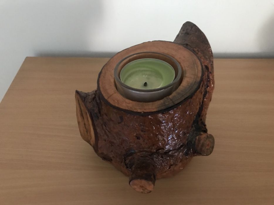 Suporte vela feito madeira Pinho