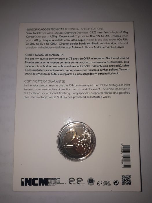 Moeda 2 euros 75 anos ONU