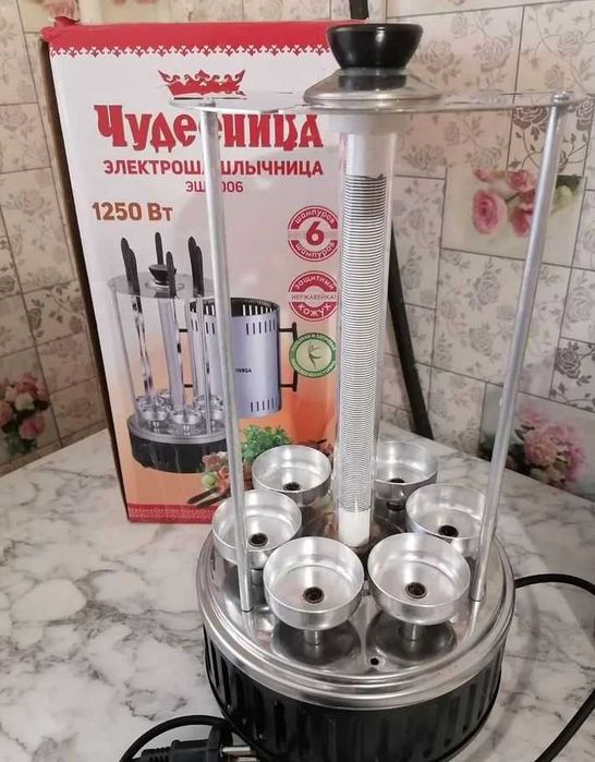 Електрошашличниця нержавійка 6 шампурів тен скляний потужня шашличниця