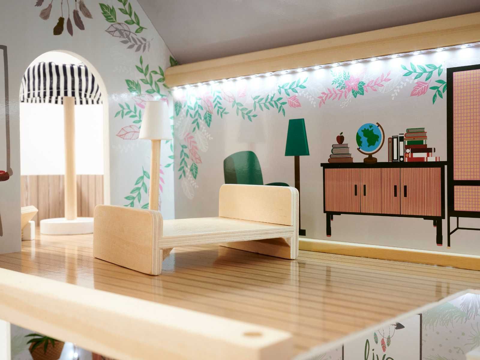 Domek dla lalek drewniany + mebelki 78cm oświetlenie LED FLORO boho