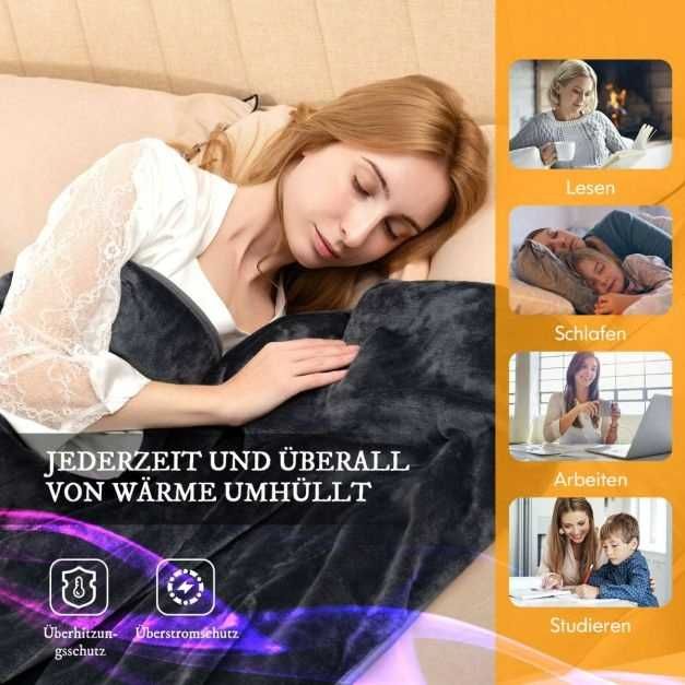 Koc Elektryczny Grzewczy 130x180 cm Flanela 4 Poziomy szary Costway
