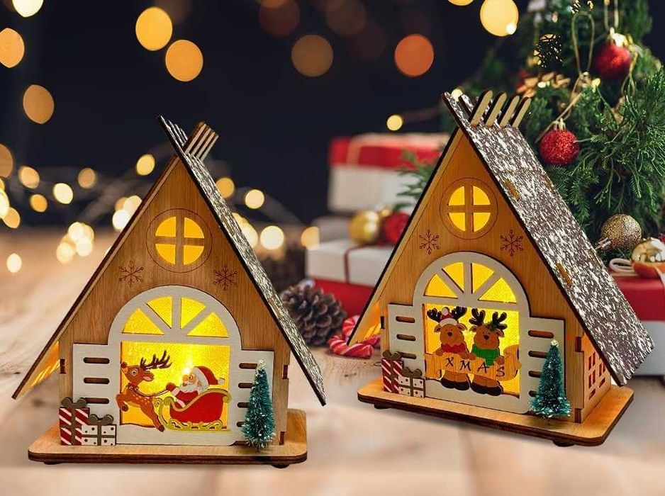 Drewniane Domki Chatki Świąteczne LED Zestaw 2 szt. na Boże Narodzenie