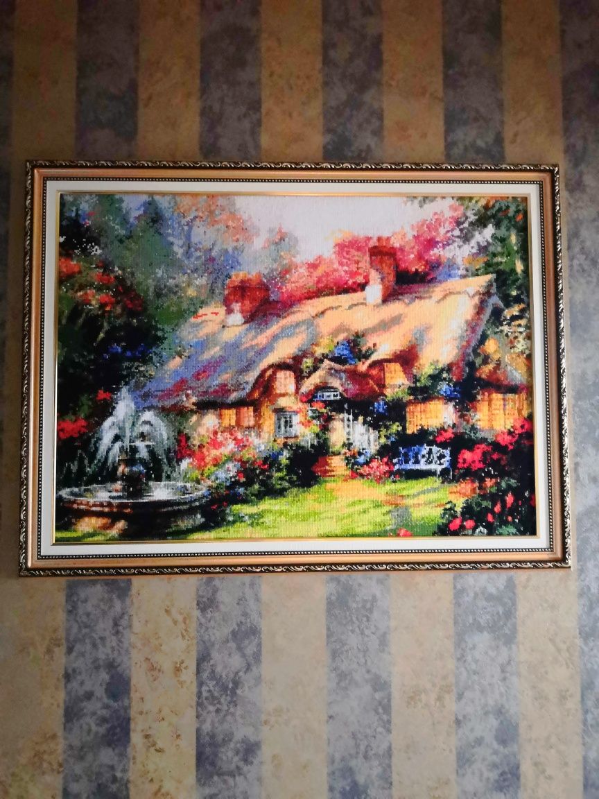 Вишита картина "Будиночок у селі". Чудовий подарунок.