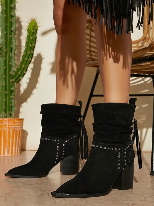 Kowbojki Zamszowe Z Cyrkoniami Wsuwane Czarne Shein Eur 37