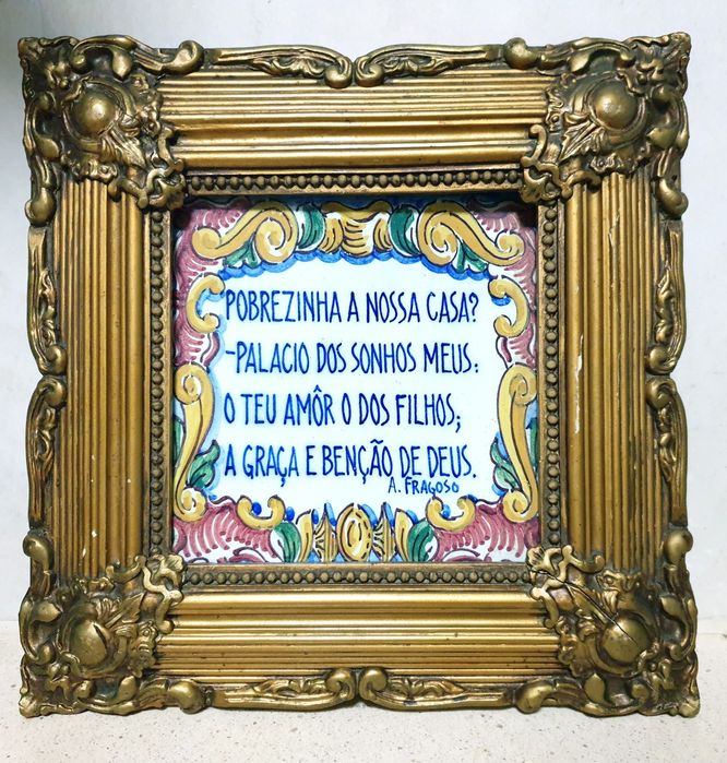 Lindo antigo azulejo falante assinado e emoldurada