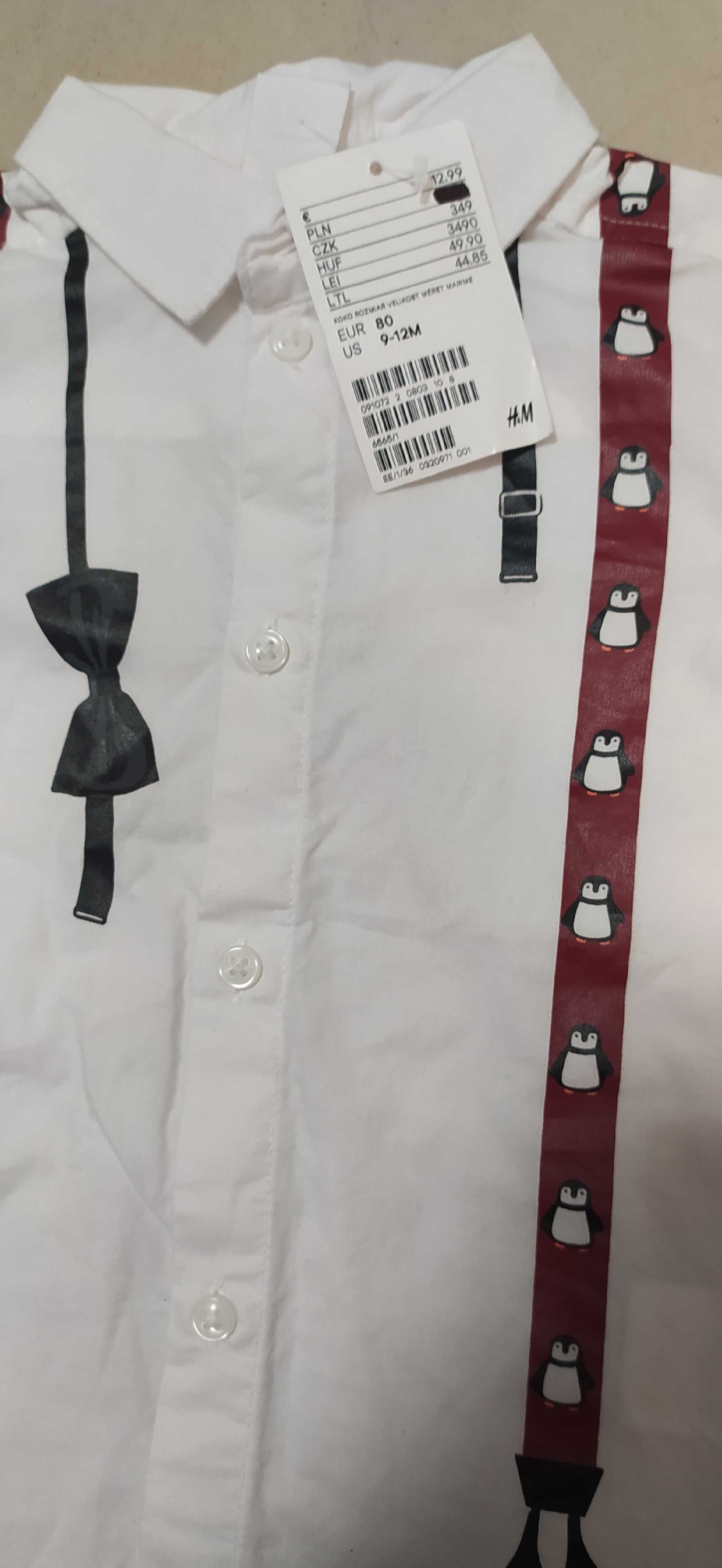 Koszula biała z szelkami i muchą H&M r80 pingwiny