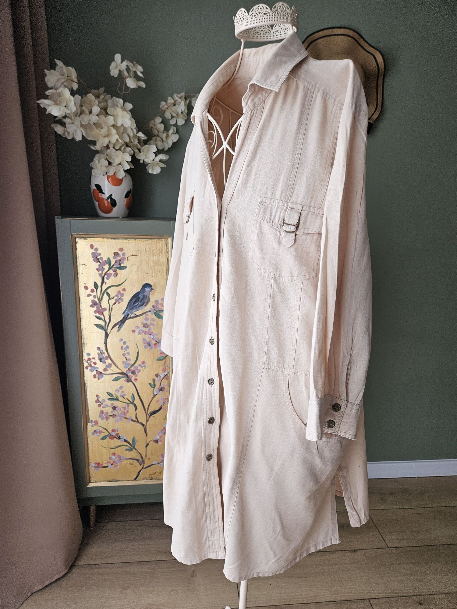 Kremowa Lniana damska Tunika/ Sukienka Plus Size XXL linen lato przewi