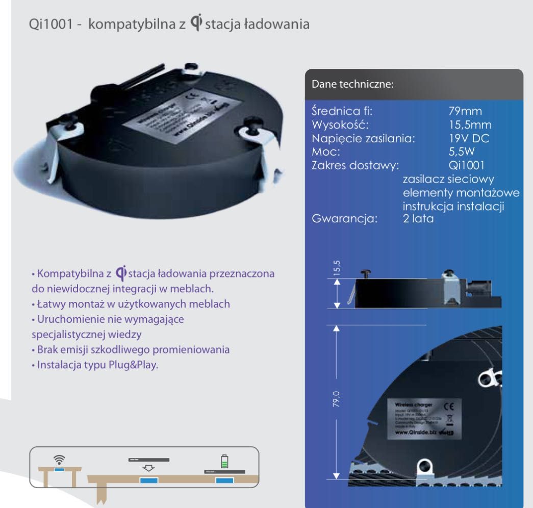 Ładowarka indukcyjna Qinside Qi1001 - podblatowa