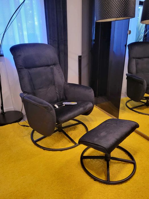 Rozkładany fotel masujący z podnóżkiem, czarny, aksamit