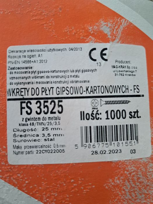 Wkręty do płyt gipsowo-kartonowych fs 450 szt.