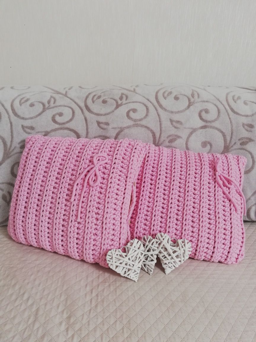 Nowa Poduszka ozdobna różowa handmade dziergan ze sznurka bawełnianego