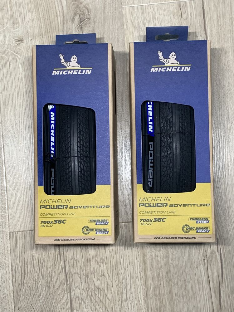 Dwie opony Michelin Power Adventure 700-36c tubeless, czarne.