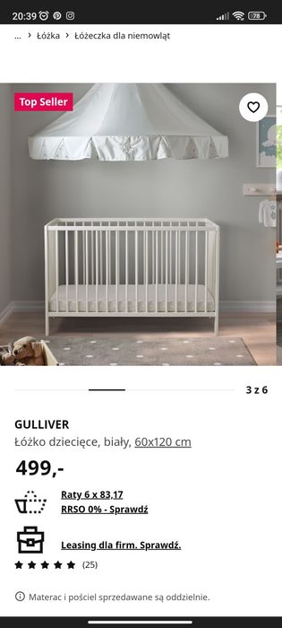 Łóżeczko Ikea GULLIVER + materac + akcesoria