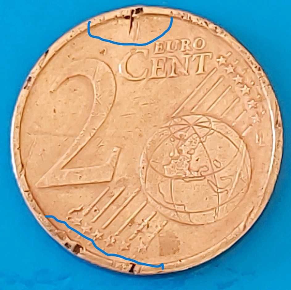 2 cêntimos de 2002 de Portugal, com vários defeitos na cunhagem