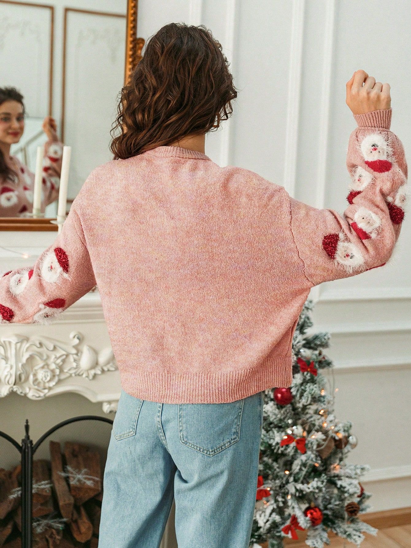 Sweterek Świąteczny Oversize W Mikołaje Różowy Shein L 40